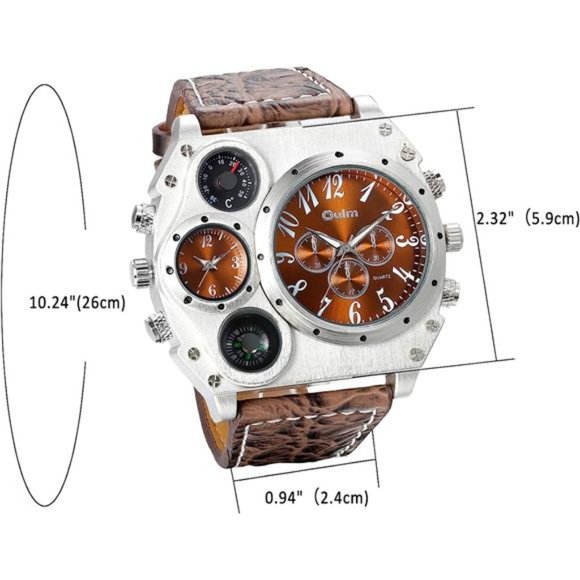 Mens Big Face Watch, Dual Time Zone Leather Strap Sport Watch, Analog Quartz - Picture 4 of 6